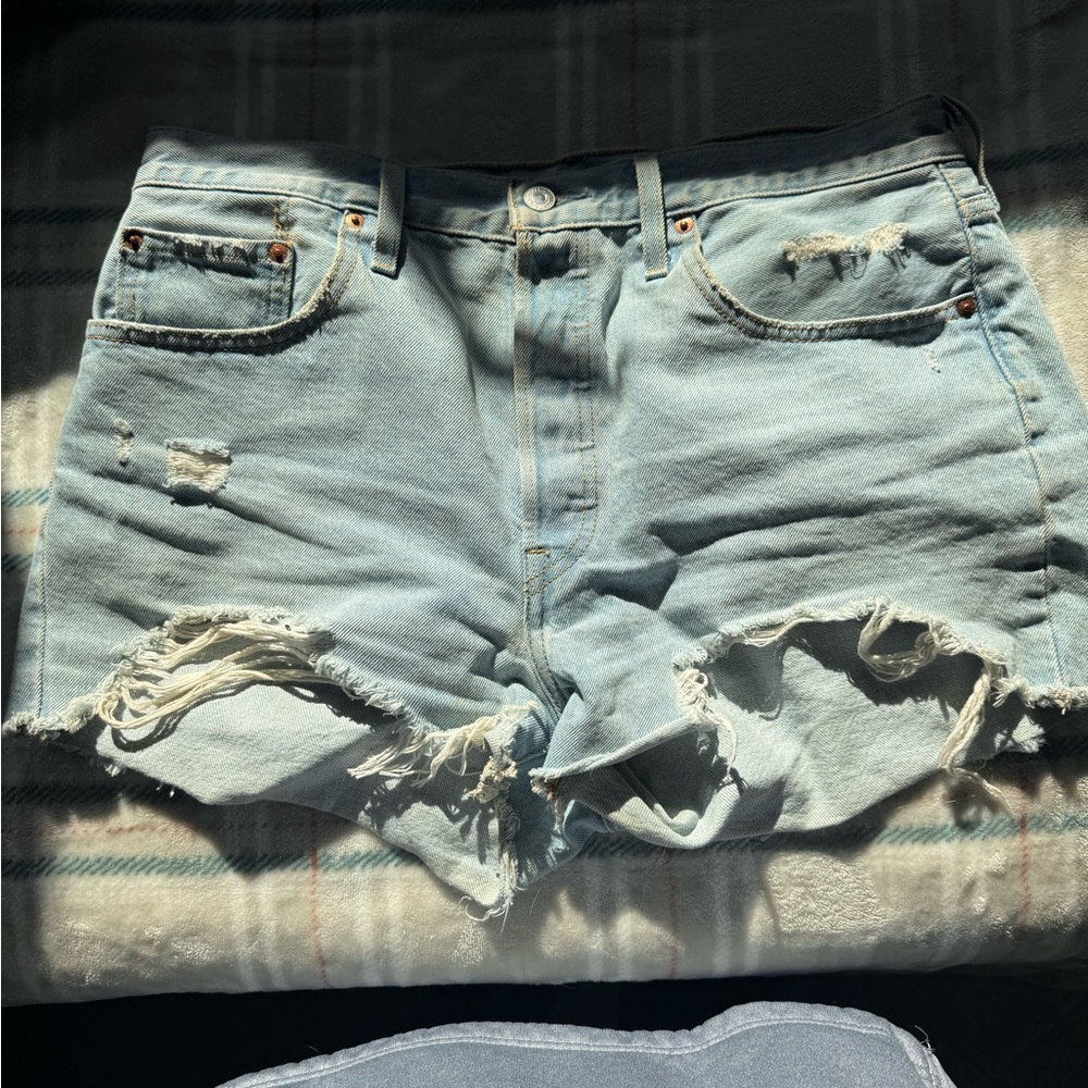 Distressed Light Blue Denim Shorts